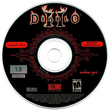 The Diablo II Microsoft Windows PC CD, in a paper sleeve, features fiery text and design. Compatible with Windows 2000/98/95/NT, version 1.0. Includes Dolby and Blizzard logos on the mature-rated used disc.