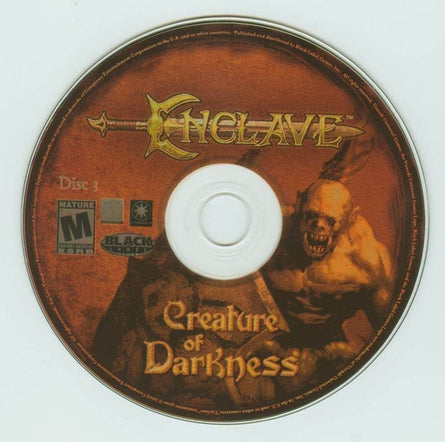 Gently used PC CD Enclave: Creature of Darkness in a paper sleeve features a menacing figure. Its rated Mature and showcases the Black Label Games and TDK logos, as seen in the stock photo.