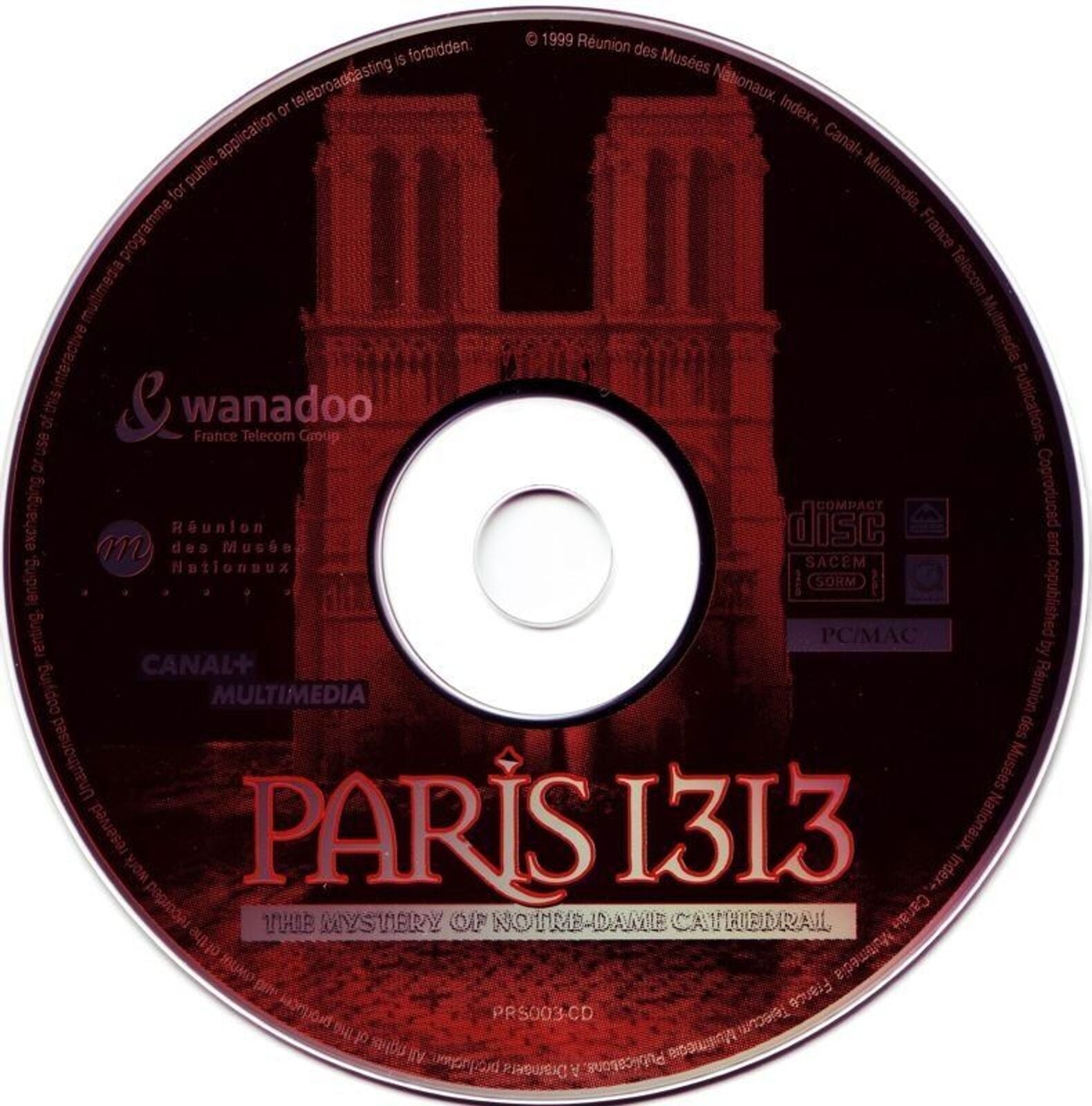 Experience the enigmatic allure of medieval Paris with a gently used Paris1313 Microsoft Windows PC CD featuring a red-toned image of Notre-Dame Cathedral. It comes in a paper sleeve and captures the mystery of Notre-Dame.
