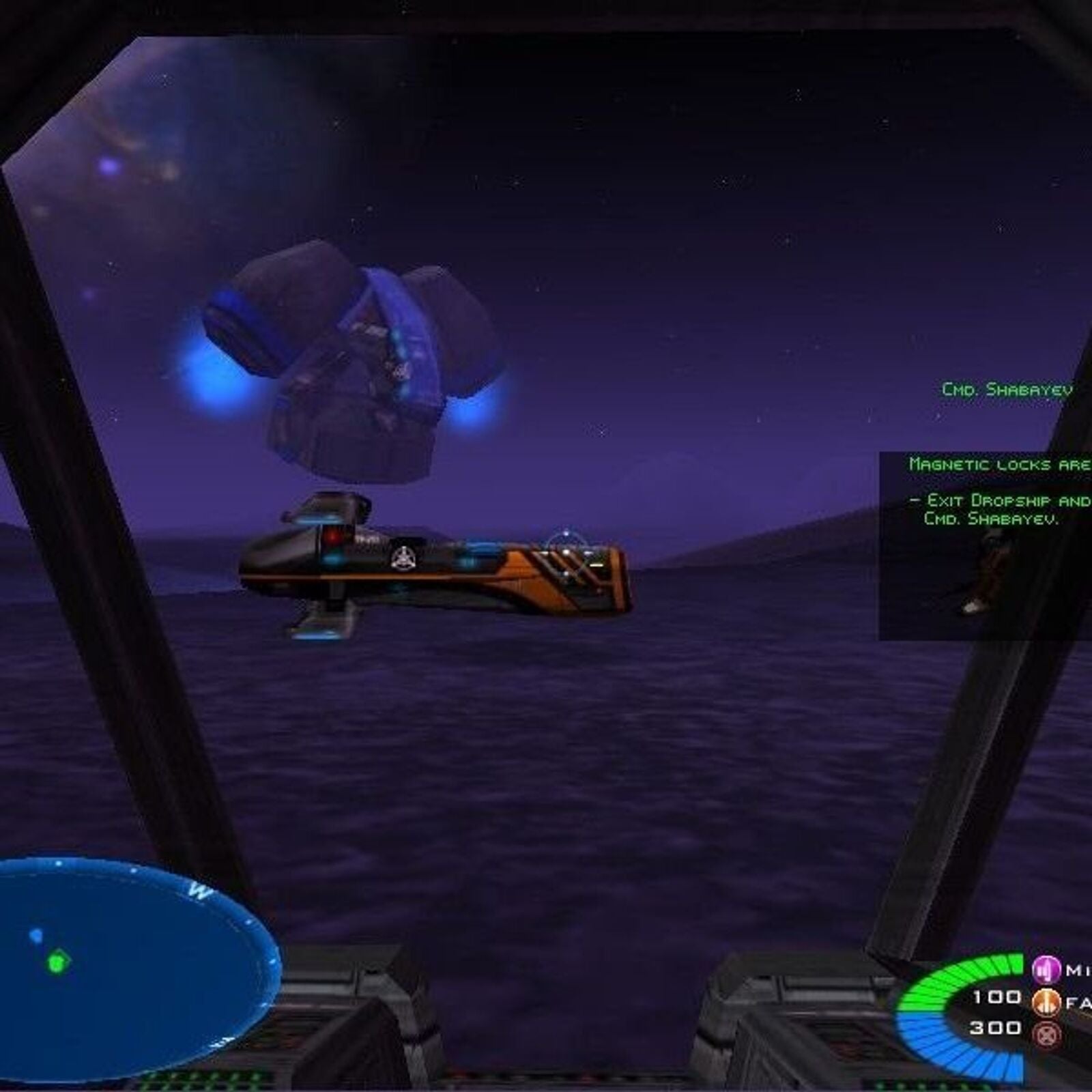 Experience the thrill of enhanced graphics in Battlezone II: Combat Commander, as the cockpit view immerses you in a nighttime mission. Blue and green HUD elements display navigation and stats, providing an authentic flying craft experience reminiscent of a real-time strategy game.