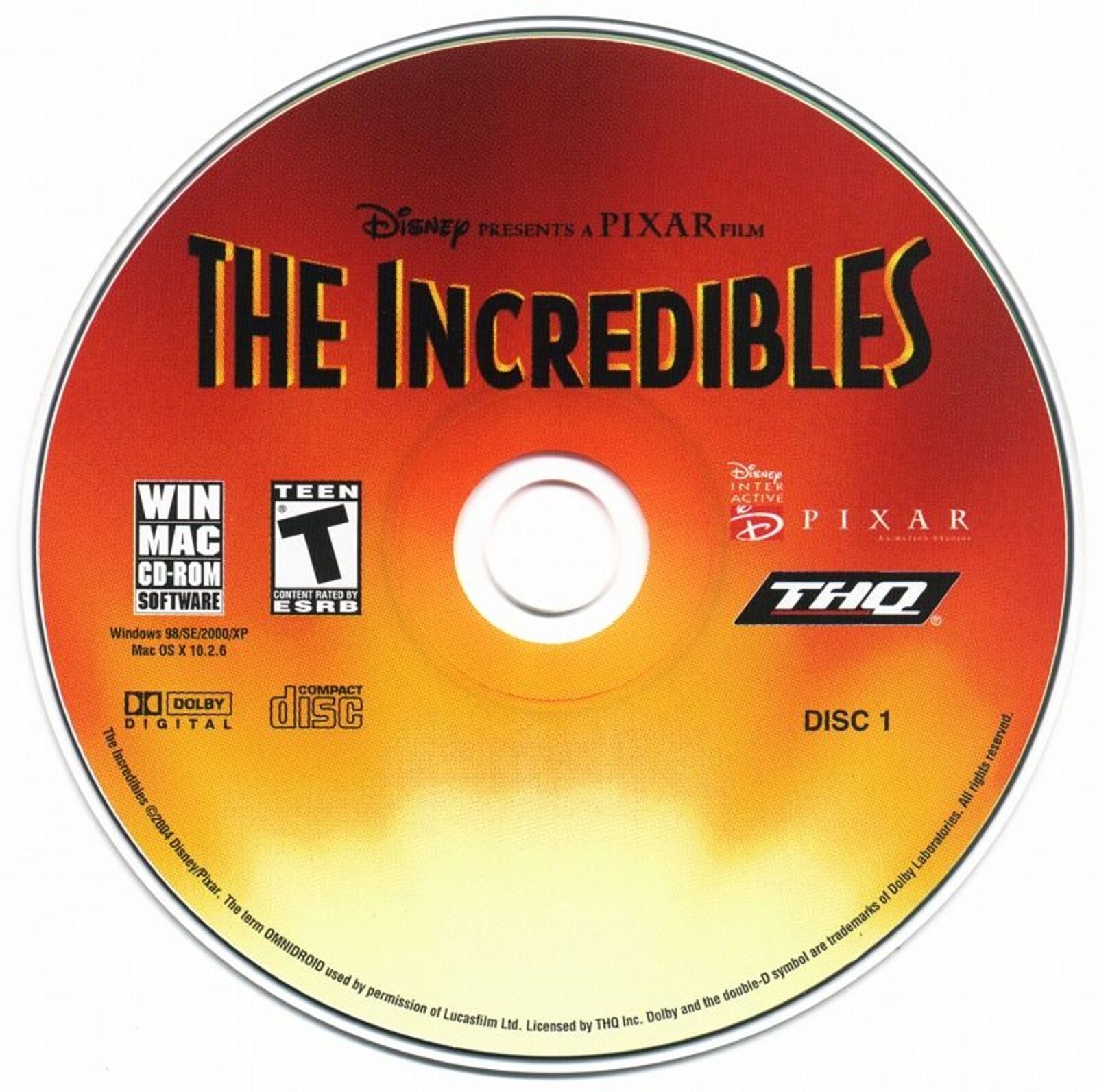 This used PC CD, titled The Incredibles, comes in a paper sleeve featuring Disney, Pixar, and THQ logos with Windows and Mac icons. Its rated Teen by ESRB and offers an action-packed adventure.