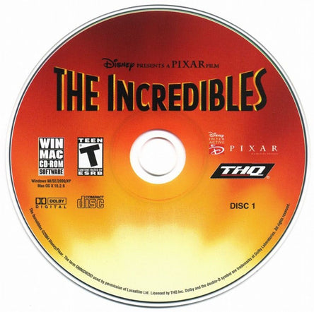 This used PC CD, titled The Incredibles, comes in a paper sleeve featuring Disney, Pixar, and THQ logos with Windows and Mac icons. Its rated Teen by ESRB and offers an action-packed adventure.