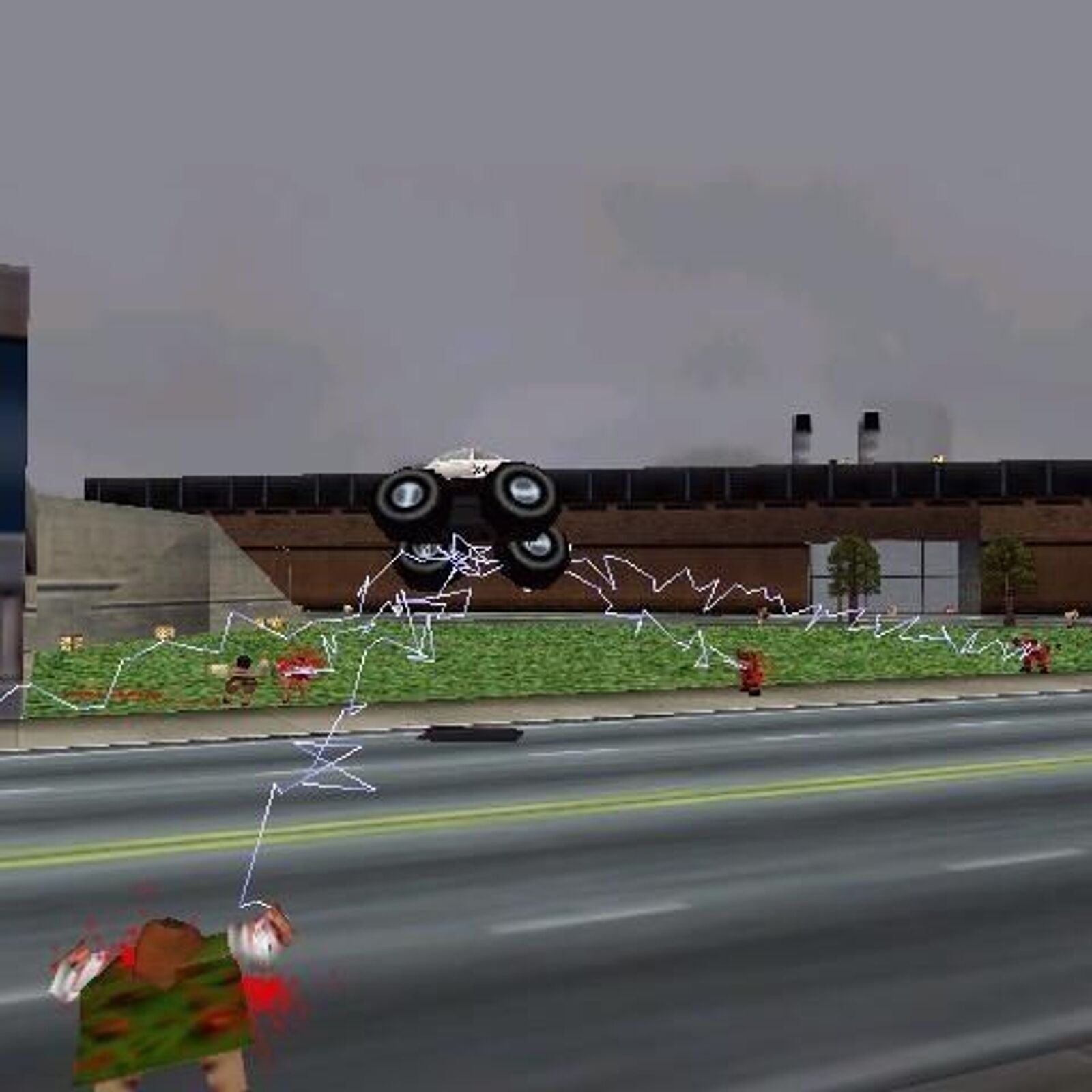 A car hovers mid-air with electric effects near a road, resembling a scene from Carmageddon 2: Carpocalypse Now. A person stands on the left with raised hands amid a cloudy sky backdrop, enhancing the futuristic race atmosphere.