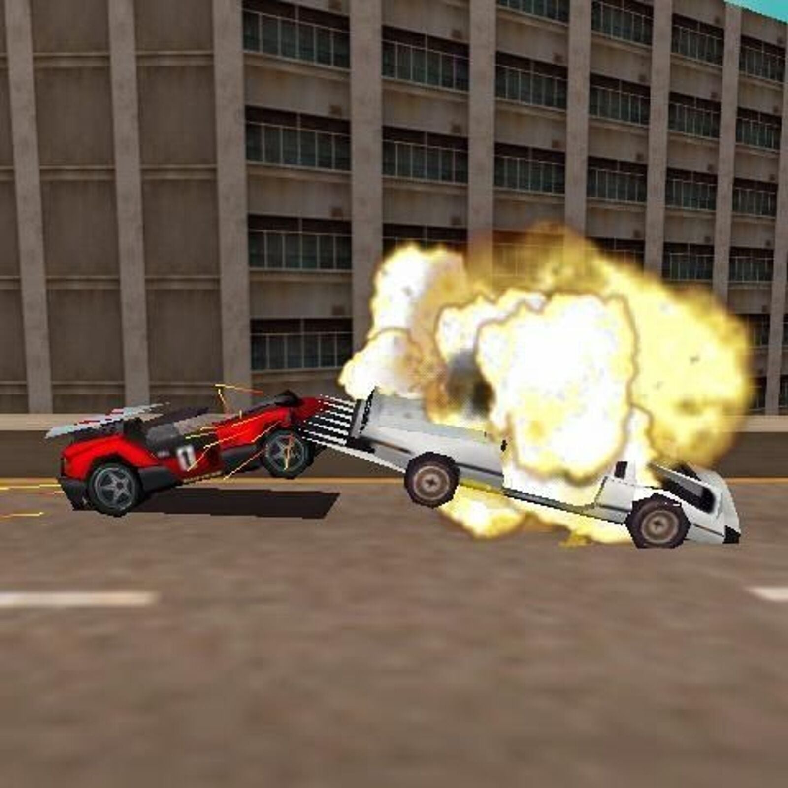 In a scene reminiscent of Carmageddon 2: Carpocalypse Now, a red sports car hit a white vehicle, causing an explosion on the city street amidst towering buildings.