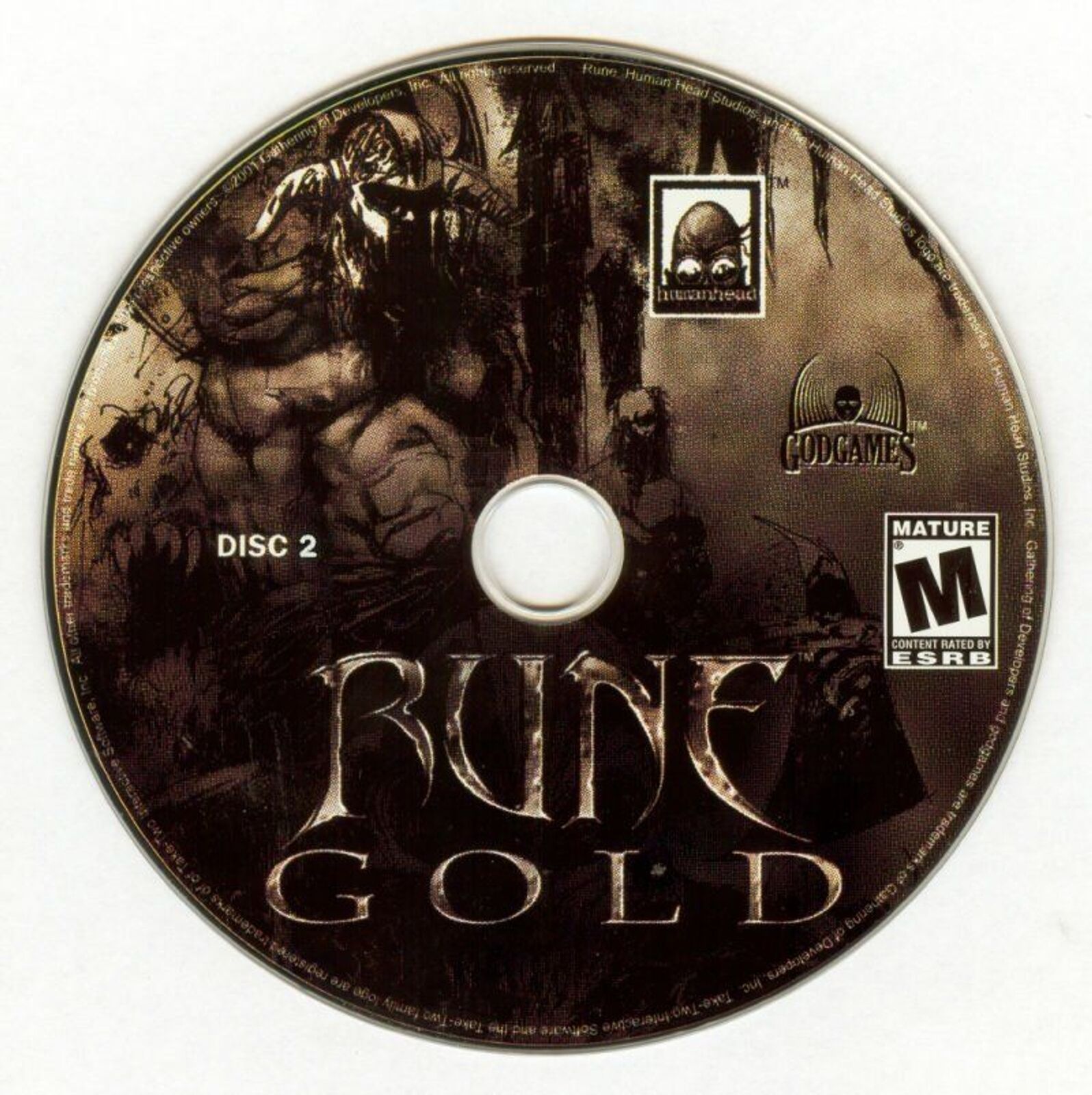Rune Gold Microsoft Windows PC CD, in a paper sleeve with dark fantasy warrior art, is rated M. This gently used disc offers an immersive experience.