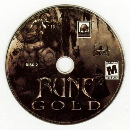 Rune Gold Microsoft Windows PC CD, in a paper sleeve with dark fantasy warrior art, is rated M. This gently used disc offers an immersive experience.