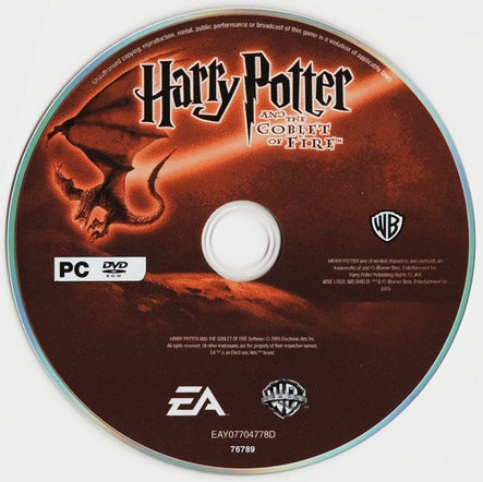 Gently used Harry Potter And The Goblet Of Fire Microsoft Windows PC CD with dragon image, featuring EA and WB logos. Includes a protective paper sleeve.