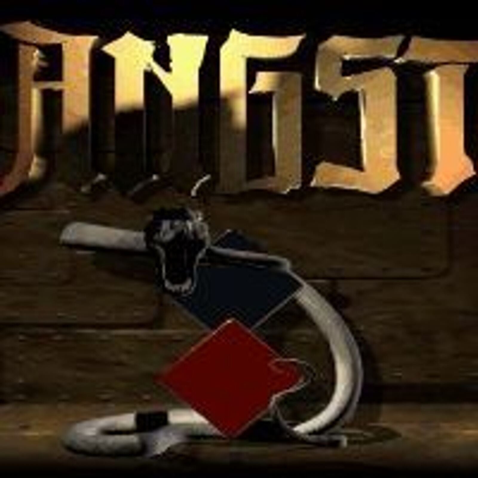 A stylized graphic features GANGSTER in gold letters, with a snake clutching black and red puzzle pieces on a dark background, evoking an old CD cover or well-worn paper sleeve. Product: Angst: Rahzs Revenge 1996 Microsoft Windows MS-DOS.