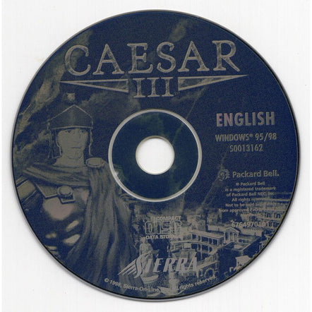 Caesar 3 Microsoft Windows PC CD features Roman soldier artwork on a gently used disc in a paper sleeve, compatible with Windows 95/98. It includes Packard Bell, Compact Disc, and copyright text.