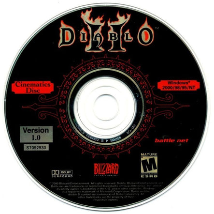 Diablo II Microsoft Windows PC CD Version 1.0, enclosed in a classic paper sleeve, showcasing game logos and a mature rating.