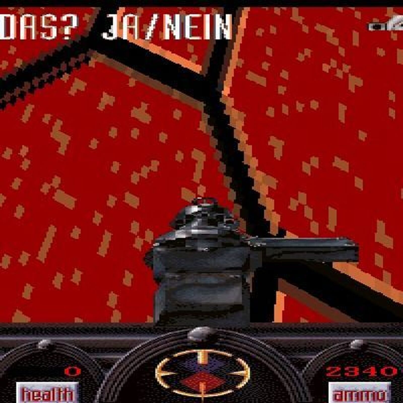 The screen of Angst: Rahzs Revenge (1996, MS-DOS) shows a first-person shooter view with a gun aimed at a red wall. German text at the top reads Das? Ja/Nein, while health and ammo stats are displayed below, evoking the surprise and excitement of finding an old game CD in its paper sleeve.
