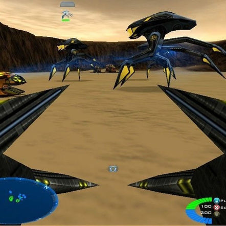 In Battlezone II: Combat Commander, players experience enhanced graphics with a first-person view featuring futuristic weapons targeting robotic spider-like machines across a barren desert. The mini-map and game interface offer strategic precision in this immersive 1999 Microsoft Windows PC game by Activision.