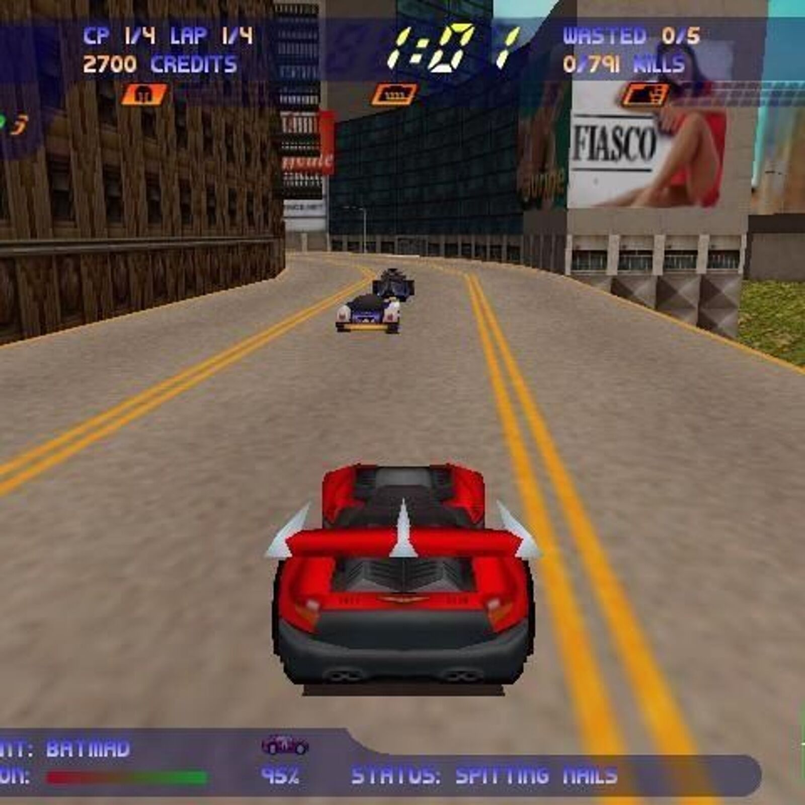 A red sports car speeds through a futuristic city race in Carmageddon 2: Carpocalypse Now, displaying stats such as credits, kills, and status. Other cars and billboards blur in the background, capturing the adrenaline-pumping excitement of this 1998 SCi Games title on Microsoft Windows.