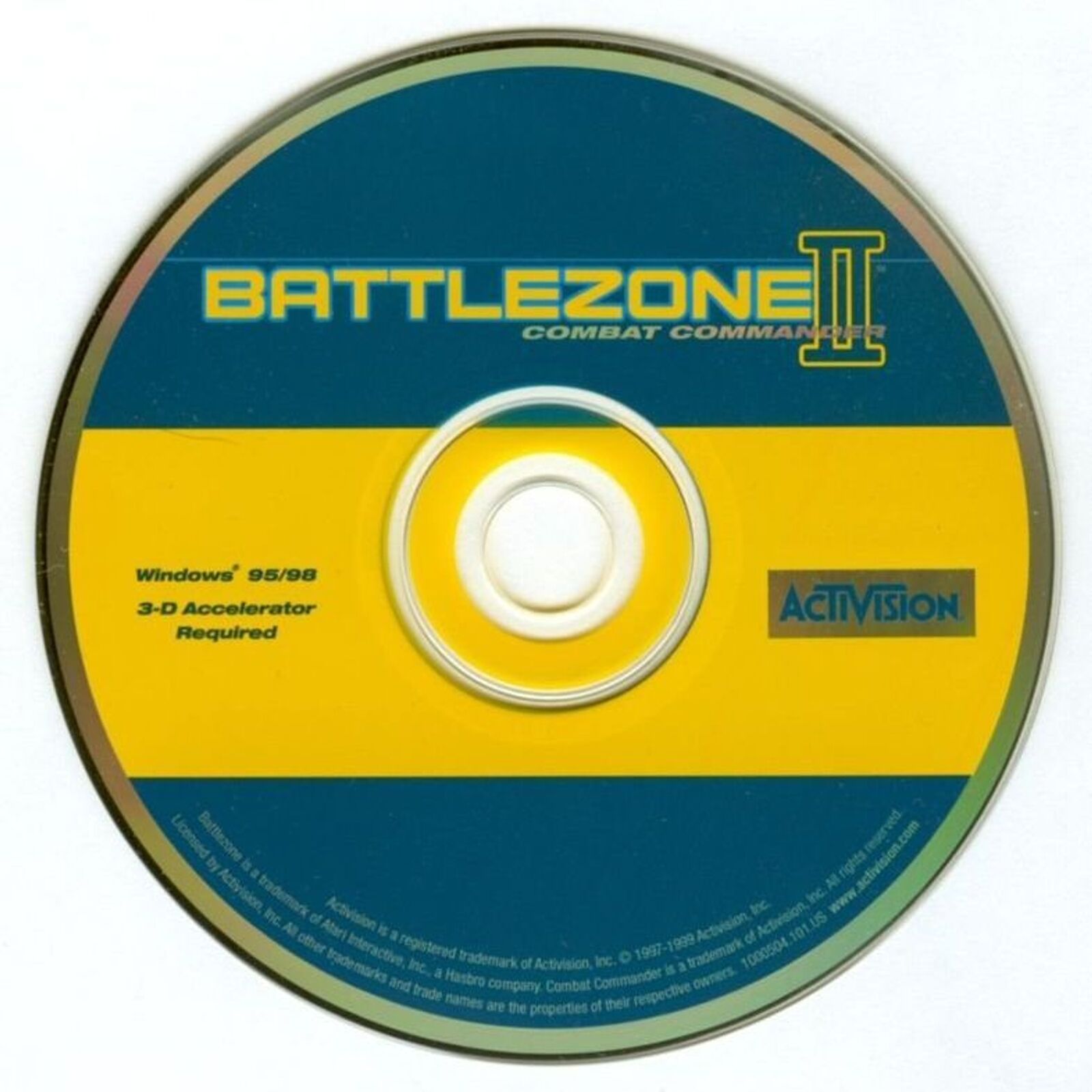 The Battlezone II: Combat Commander CD, featuring enhanced graphics and a vibrant blue and yellow design, is a real-time strategy and first-person shooter mix for Windows 95/98 with a 3-D accelerator, proudly bearing the Activision logo.