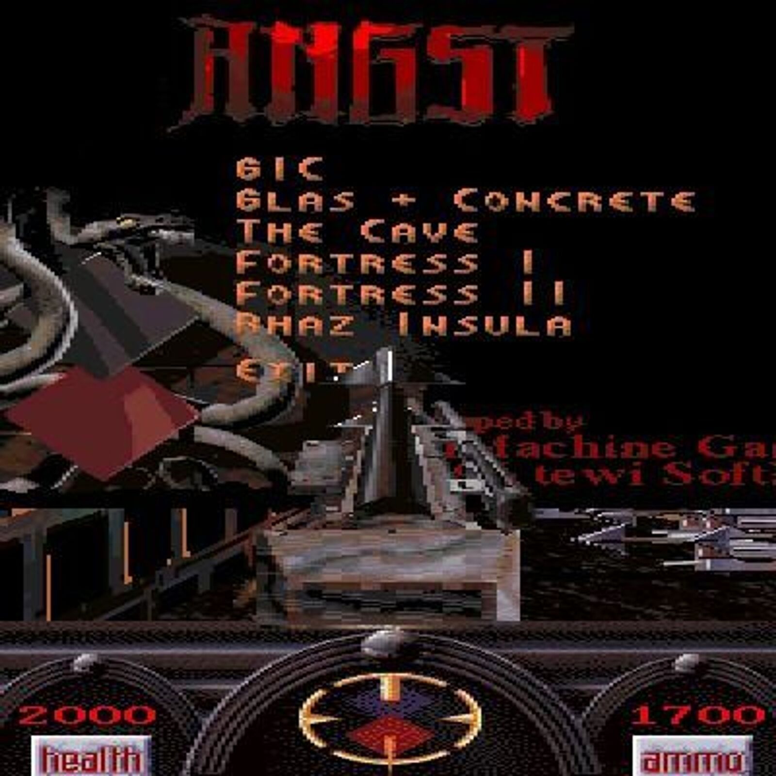 A retro game start screen shows a dragon and the title Angst: Rahzs Revenge with a vintage CD menu style. Pixelated graphics display health and points at the bottom, reminiscent of uncovering a classic in an old paper sleeve.