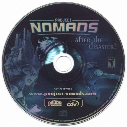 Lightly used Project Nomads PC CD for Microsoft Windows by Radon Labs, housed in a paper sleeve. The cover showcases a futuristic design with a robotic figure and text details.