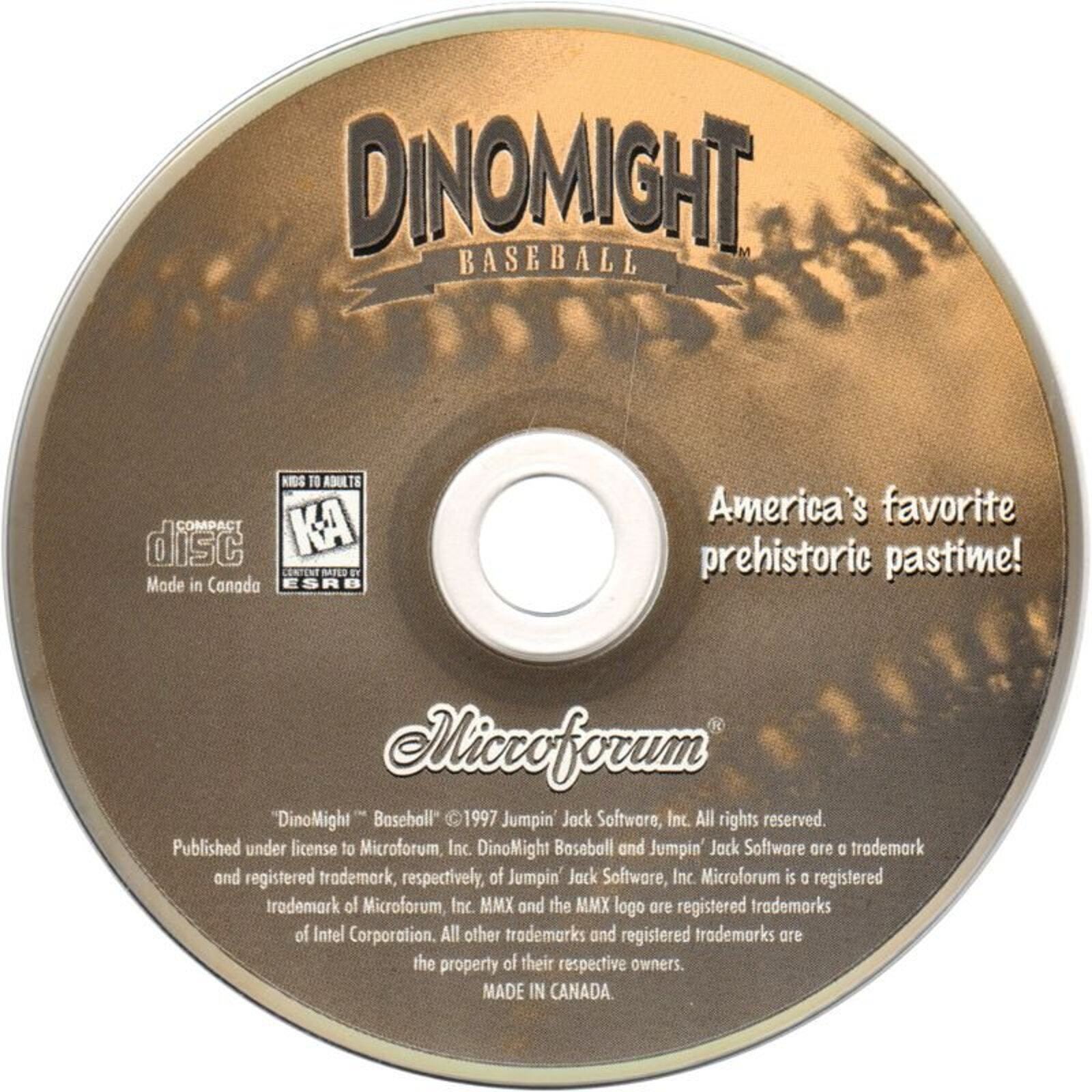 The DinoMight Baseball Microsoft Windows PC CD features a distinct dinosaur skin paper sleeve and is labeled as Americas favorite prehistoric pastime! Rated for Kids to Adults, it can be conveniently shipped through USPS.