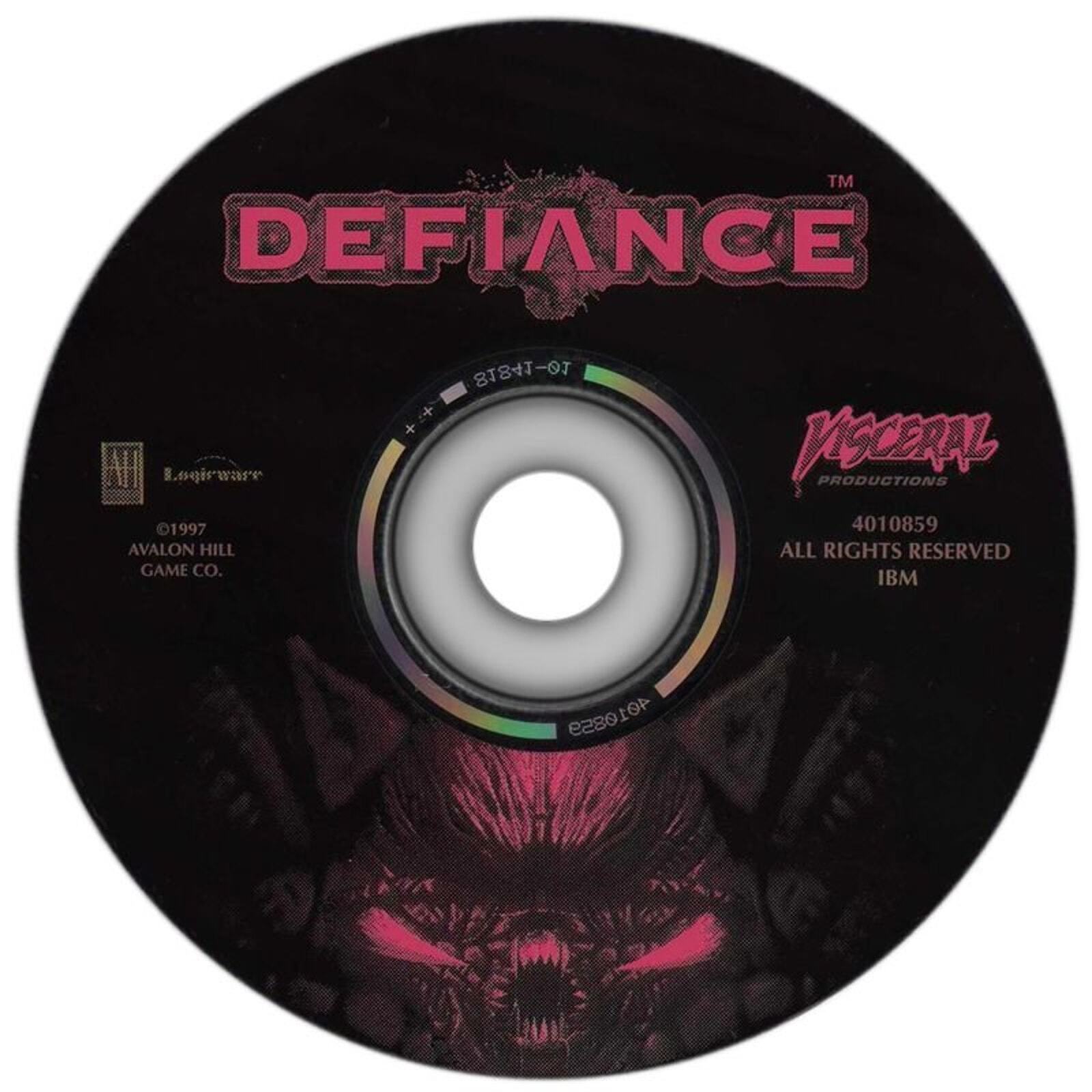 A gently used DEFIANCE PC CD, featuring bold pink text and logos from Visceral Productions and Avalon Hill Game Co., is housed in a paper sleeve with an ominous dark creatures face at the bottom.