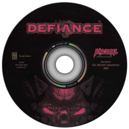 A gently used DEFIANCE PC CD, featuring bold pink text and logos from Visceral Productions and Avalon Hill Game Co., is housed in a paper sleeve with an ominous dark creatures face at the bottom.
