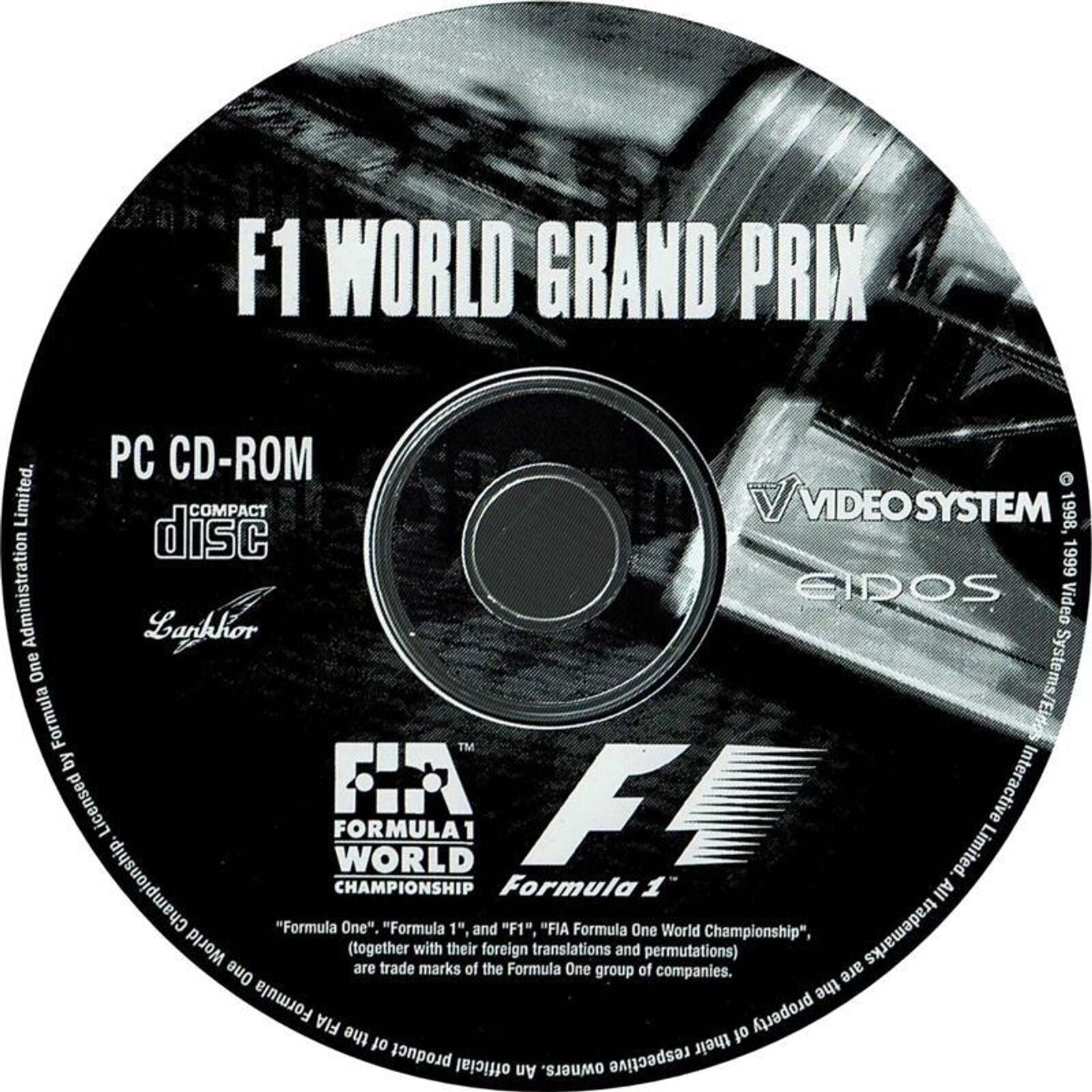 Gently used F1 World Grand Prix Microsoft Windows PC CD in its original paper sleeve, featuring Video System, Eidos, and FIA Formula 1 World Championship logos.