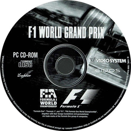 Gently used F1 World Grand Prix Microsoft Windows PC CD in its original paper sleeve, featuring Video System, Eidos, and FIA Formula 1 World Championship logos.