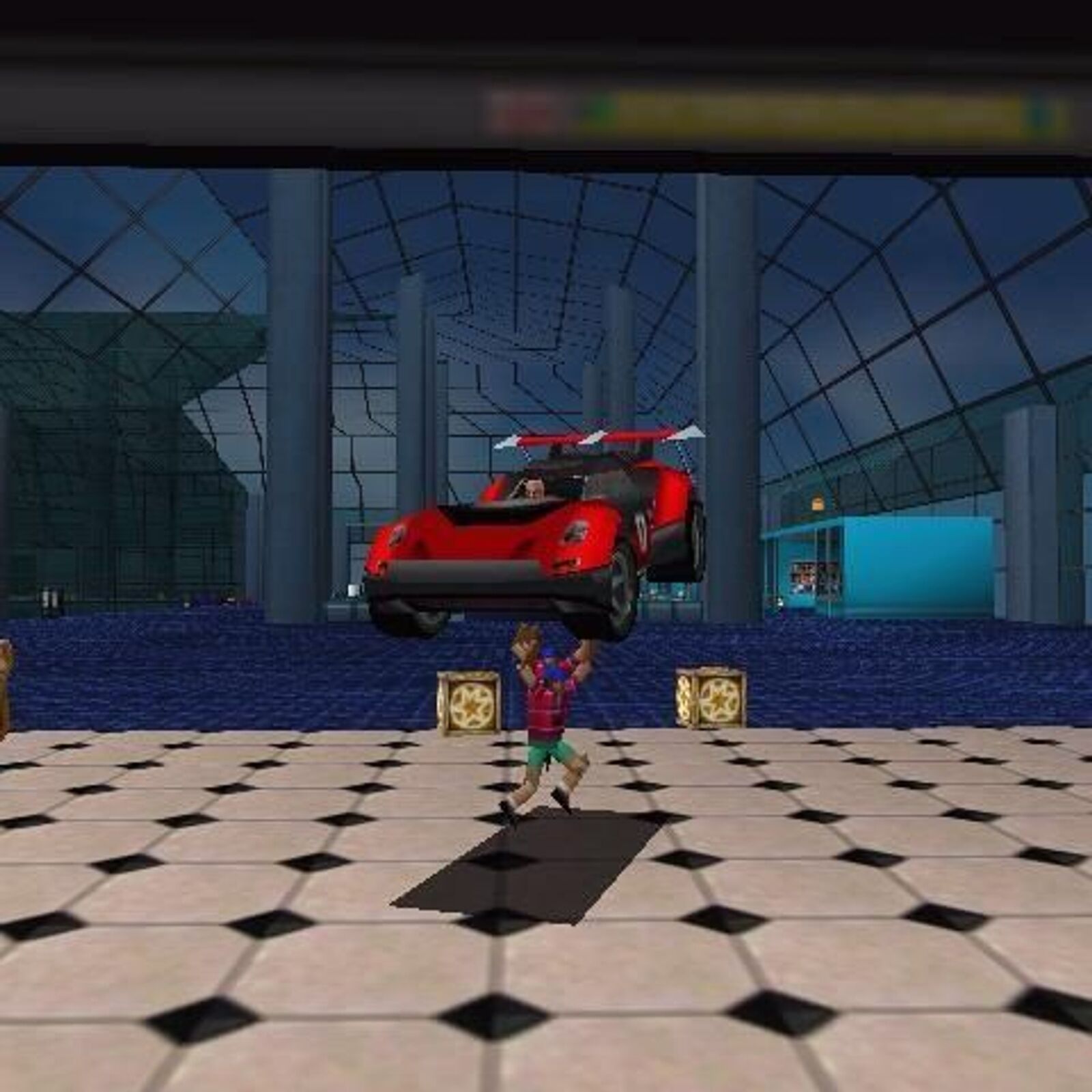 In a virtual world, someone stands on a tiled floor, watching a red car hover in the air inside a glass building. The scene echoes Carmageddon 2: Carpocalypse Now with its futuristic racing vibe and striking visuals.