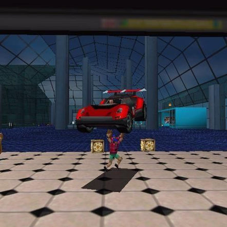 In a virtual world, someone stands on a tiled floor, watching a red car hover in the air inside a glass building. The scene echoes Carmageddon 2: Carpocalypse Now with its futuristic racing vibe and striking visuals.