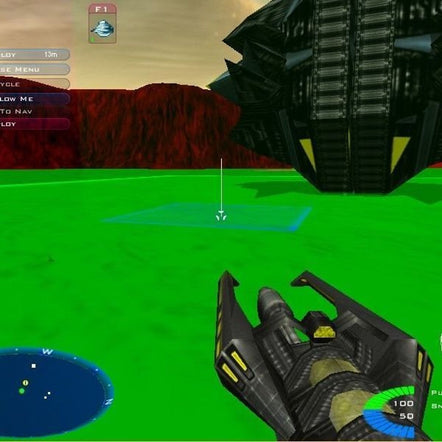 In Battlezone II: Combat Commander, this first-person shooter on Microsoft Windows, the sci-fi interface displays a futuristic weapon and enhanced graphics of green terrain and a colossal structure. Navigation elements merge seamlessly into the action-packed view.