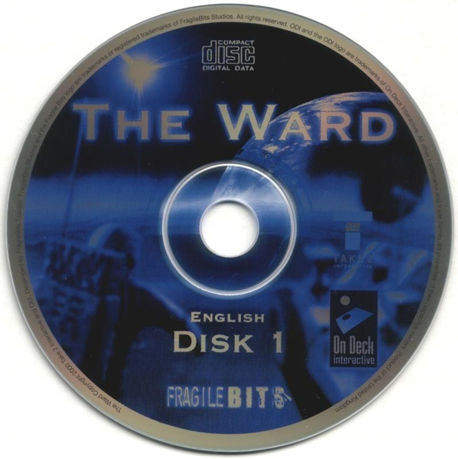 CD titled The Ward, English Disc 1 by FragileBits and On Deck Interactive. This sci-fi adventure, featuring a spacecraft, stars, and lunar seismic activity on a blue cover image, is the Microsoft Windows PC CD edition.
