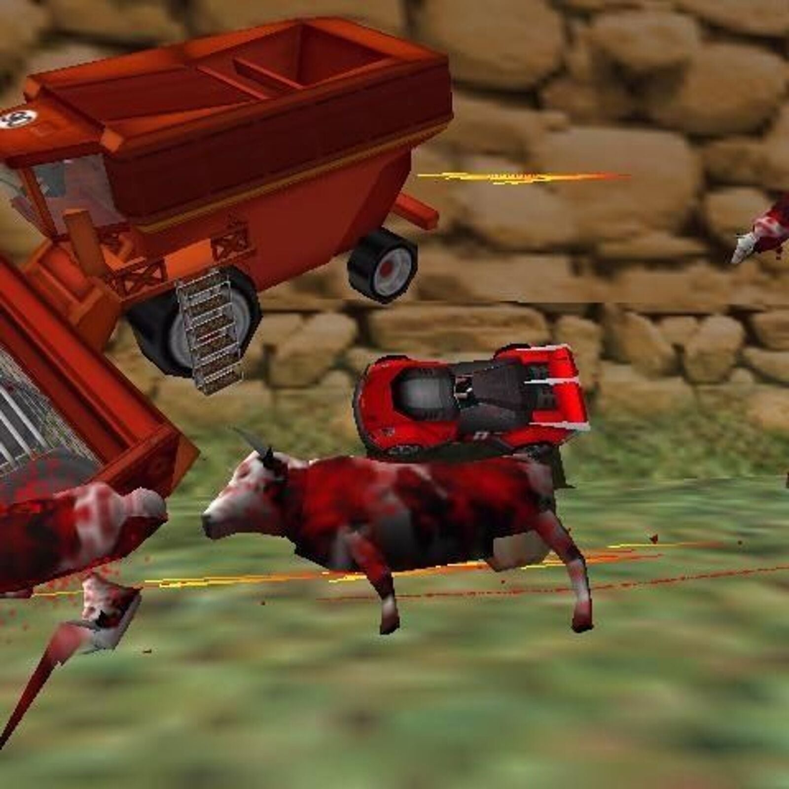 In a scene reminiscent of Carmageddon 2: Carpocalypse Now, chaos erupts as cows and red vehicles race against a rugged stone wall backdrop.