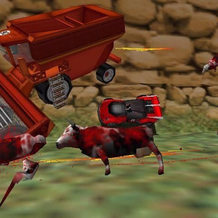 In a scene reminiscent of Carmageddon 2: Carpocalypse Now, chaos erupts as cows and red vehicles race against a rugged stone wall backdrop.