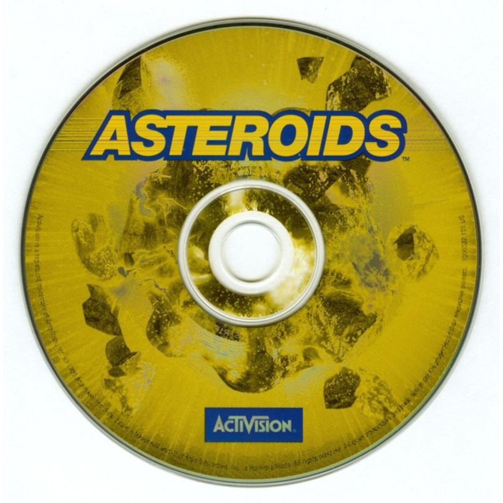 The Asteroids Microsoft Windows PC CD, in a paper sleeve, showcases bold blue lettering at the top and an Activision logo at the bottom on its yellow disc, set against a backdrop of space rocks.