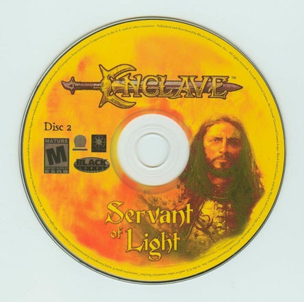The Gently Used Enclave Microsoft Windows PC CD, titled Servant of Light, features a stock photo of a bearded man in armor and comes in a protective paper sleeve with its Mature rating clearly visible.