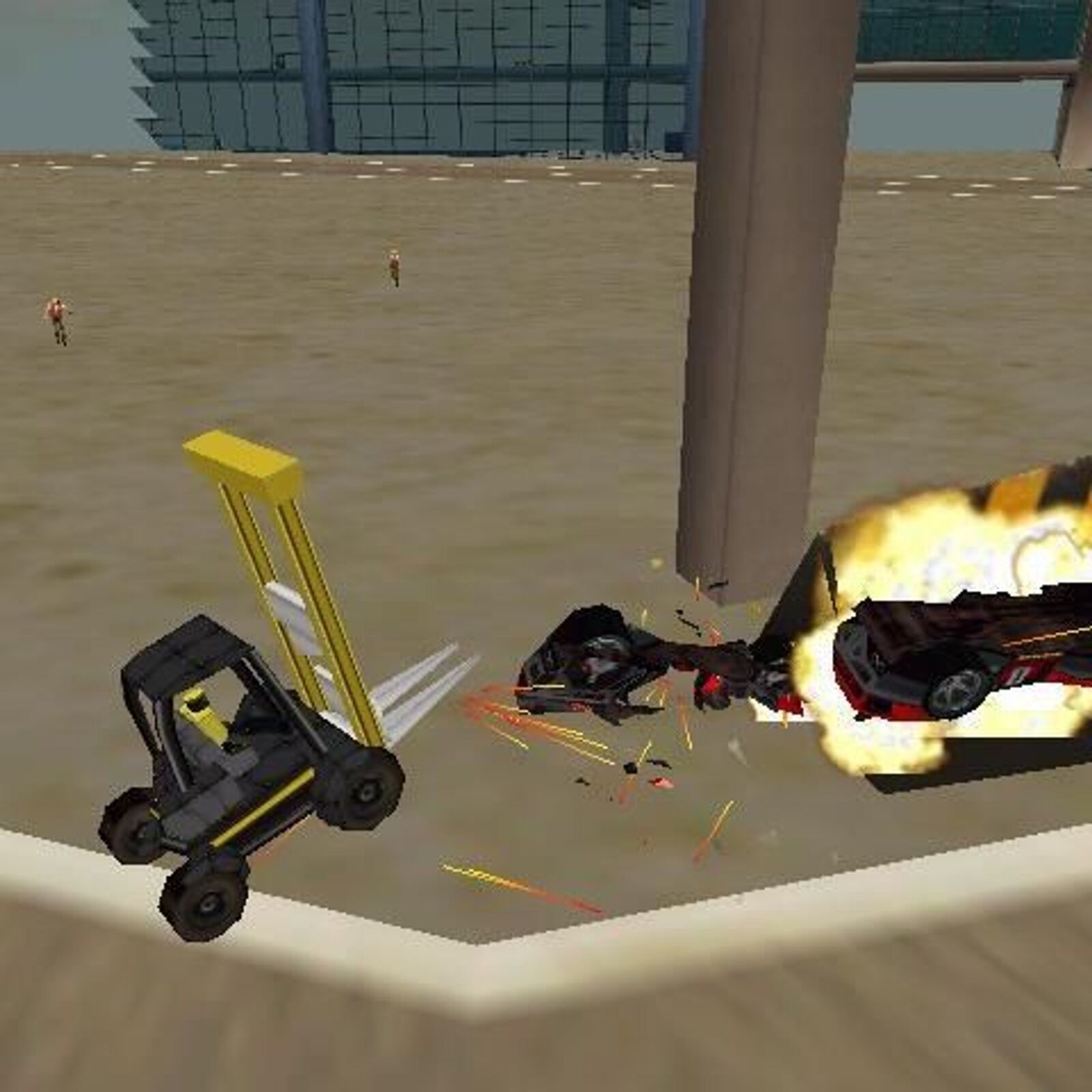 A forklift and two cars collide near a large pole, causing an explosion reminiscent of Carmageddon 2: Carpocalypse Now 1998. Small figures in the background emphasize the chaotic scene.