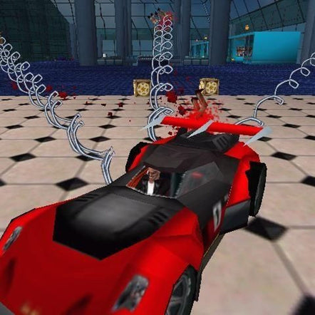 In a futuristic race evocative of Carmageddon 2: Carpocalypse Now, a red, spike-adorned sports car zips across a checkered floor, weaving through animated spiraling metal rods and debris in the games environment.