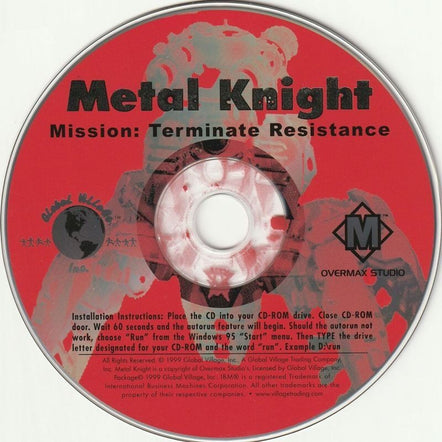 Gently used Metal Knight: Mission - Terminate Resistance Microsoft Windows PC CD in a paper sleeve with installation instructions, featuring the Overmax Studio logo on a red-toned background with a knight illustration.