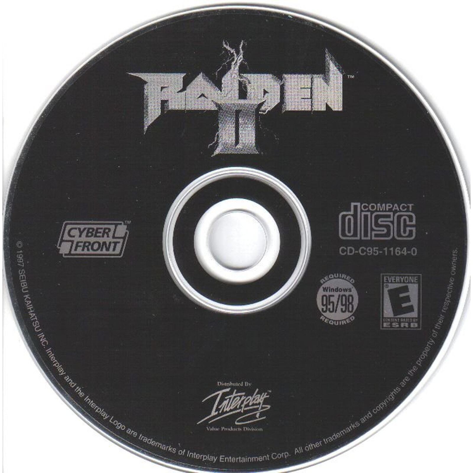 Gently used Raiden II CD for Windows 95/98 by Interplay, featuring the CyberFront logo. Packaged in a paper sleeve with ESRB rating and trademark notice along the edge.