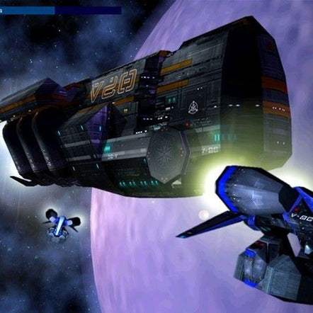 In Battlezone II: Combat Commander, two spacecraft—a larger one marked V-20 and a smaller companion—glide against a purple celestial background, featuring enhanced graphics perfect for a real-time strategy games cinematic scene.