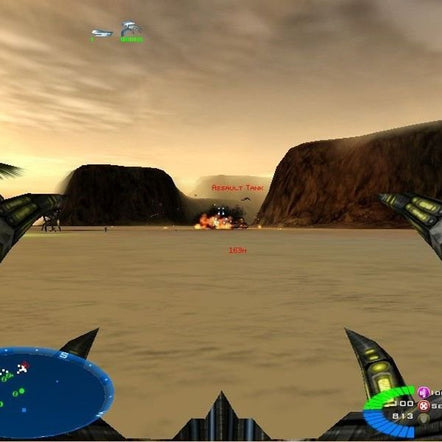 In Battlezone II: Combat Commander (1999) for Microsoft Windows, I navigate a desert in my first-person shooter, accurately targeting an enemy assault tank. The immersive game interface from Activision features enhanced graphics with radar and health indicators.