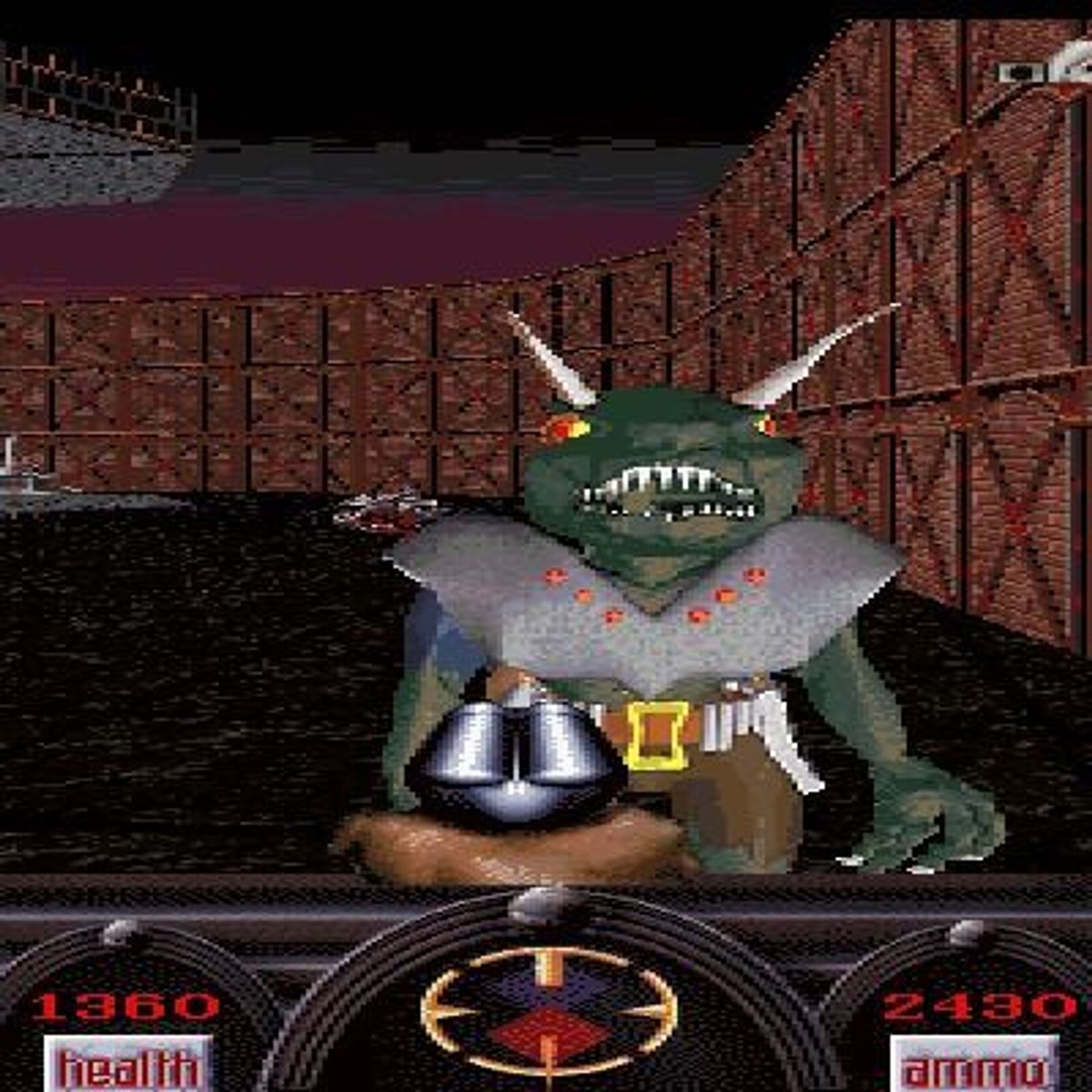 A first-person perspective screenshot from Angst: Rahzs Revenge 1996 on MS-DOS shows a horned green creature in armor within a dark, industrial environment. Health and ammo indicators are prominently displayed, reminiscent of the era of used CD purchases in paper sleeves.