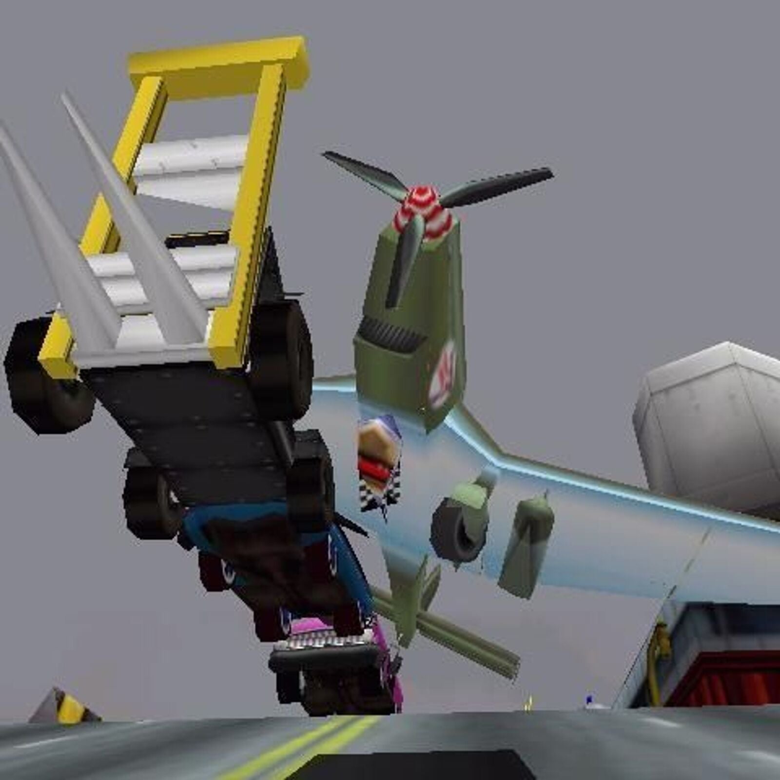 In a scene echoing Deathrace 2000s chaos, a spiked vehicle hits a low-flying plane on the road in Carmageddon 2: Carpocalypse Now (1998, Microsoft Windows, SCi Games/Interplay), creating an unforgettable futuristic race.