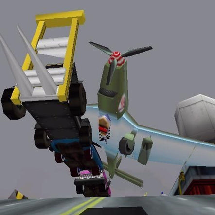 In a scene echoing Deathrace 2000s chaos, a spiked vehicle hits a low-flying plane on the road in Carmageddon 2: Carpocalypse Now (1998, Microsoft Windows, SCi Games/Interplay), creating an unforgettable futuristic race.