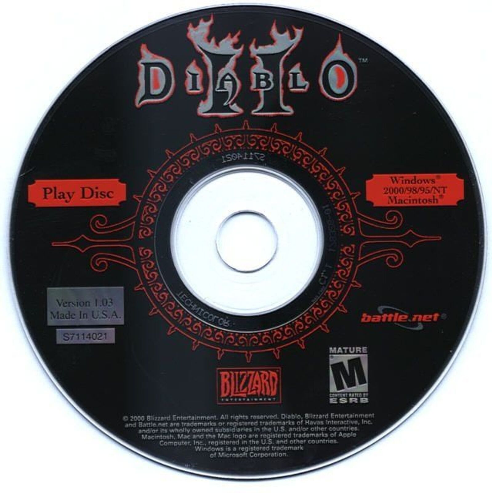 Pre-owned Diablo II Microsoft Windows PC CD in a paper sleeve, labeled Diablo II Play Disc, features Blizzard Entertainment, Battle.net logos, and a Mature rating. Compatible with Windows and Macintosh. Version 1.03, Made in USA.