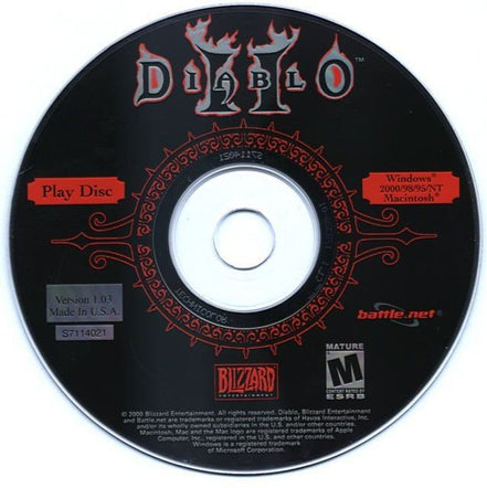 Pre-owned Diablo II Microsoft Windows PC CD in a paper sleeve, labeled Diablo II Play Disc, features Blizzard Entertainment, Battle.net logos, and a Mature rating. Compatible with Windows and Macintosh. Version 1.03, Made in USA.