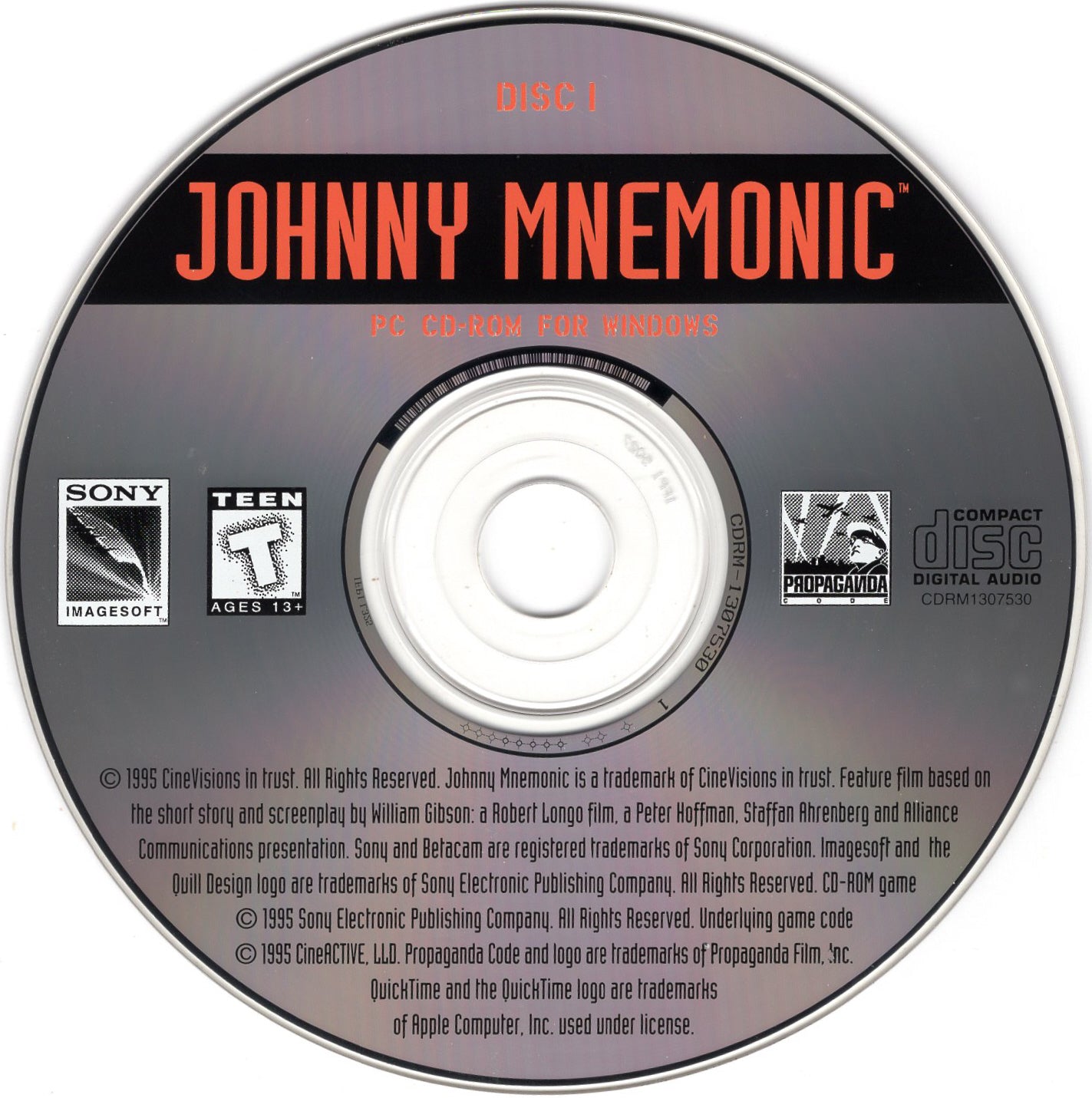 Johnny Mnemonic Disc 1 - 2 Microsoft Windows PC CD, featuring Sony and Propaganda logos, rated Teen, with 1995 copyright info. Tested used disc ships via USPS First Class Shipping.