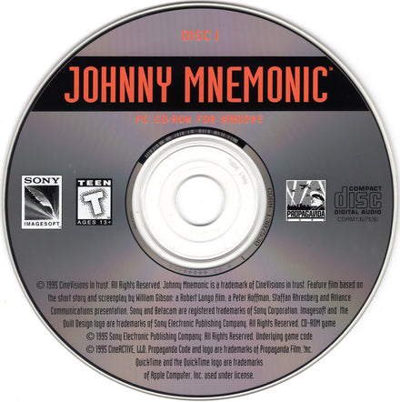Johnny Mnemonic Disc 1 - 2 Microsoft Windows PC CD, featuring Sony and Propaganda logos, rated Teen, with 1995 copyright info. Tested used disc ships via USPS First Class Shipping.